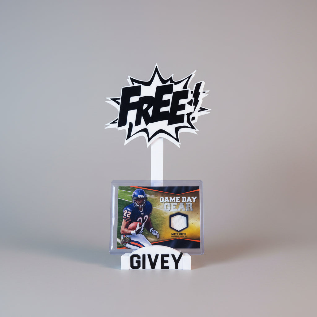 Trading card with 'FREE GEAR' text on a stand against a colorful card collection background