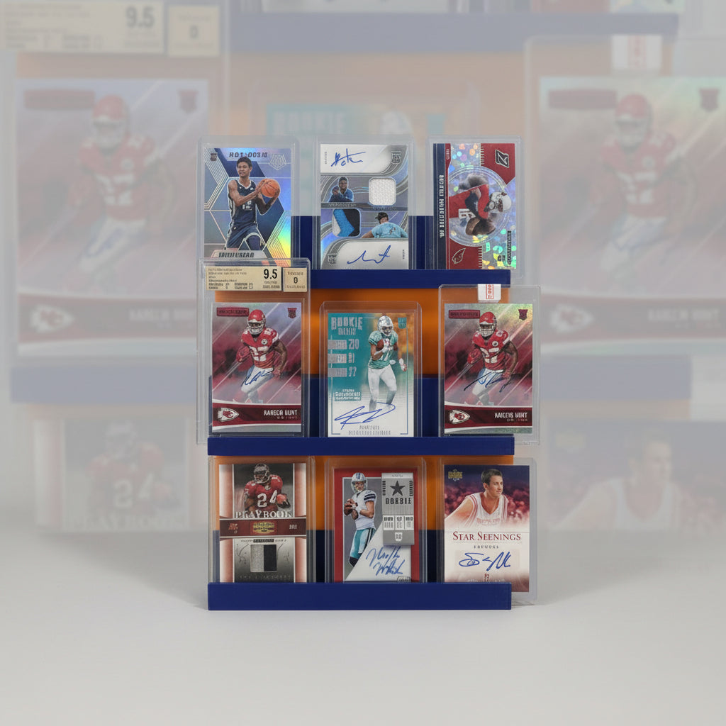 Collection of sports trading cards featuring various athletes in action poses.