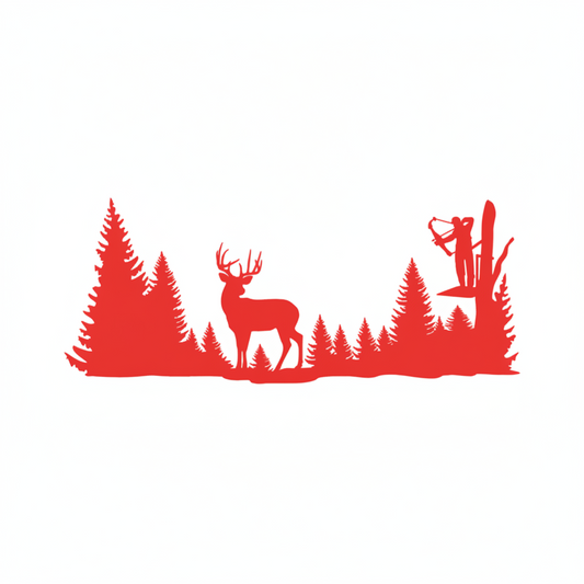 Black silhouette of a deer and hunter with trees on a white background