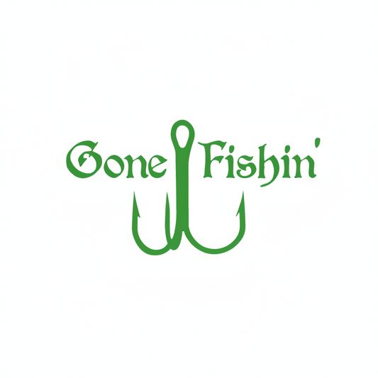 Gone Fishin' text with fishing hooks on a white background