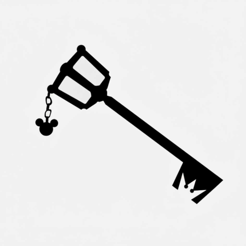 Black key-shaped object with a chain on a white background