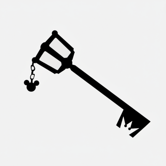 Black key-shaped object with a chain on a white background