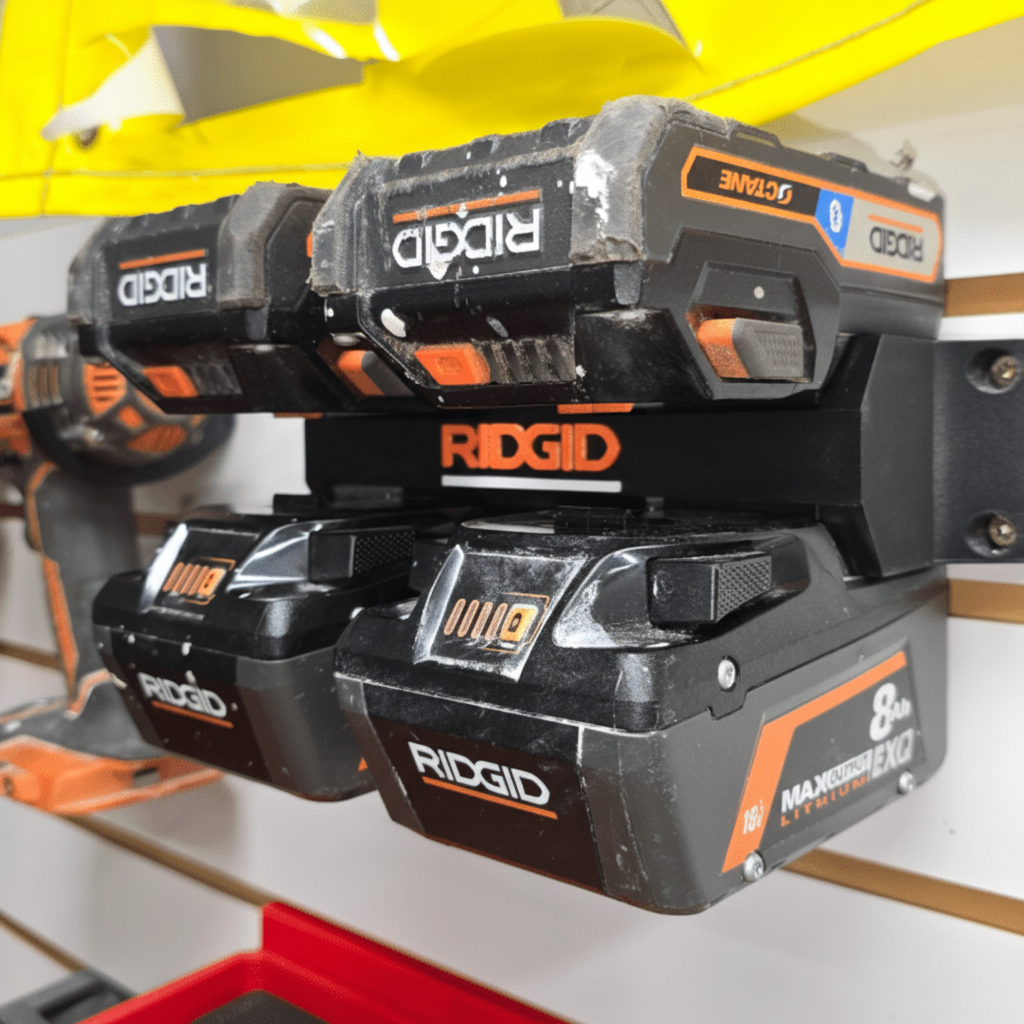 Ridgid power tool batteries on a wall mount in a workshop setting