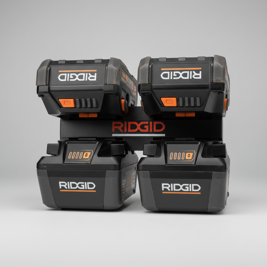 Four Ridgid battery packs stacked on a wooden surface.