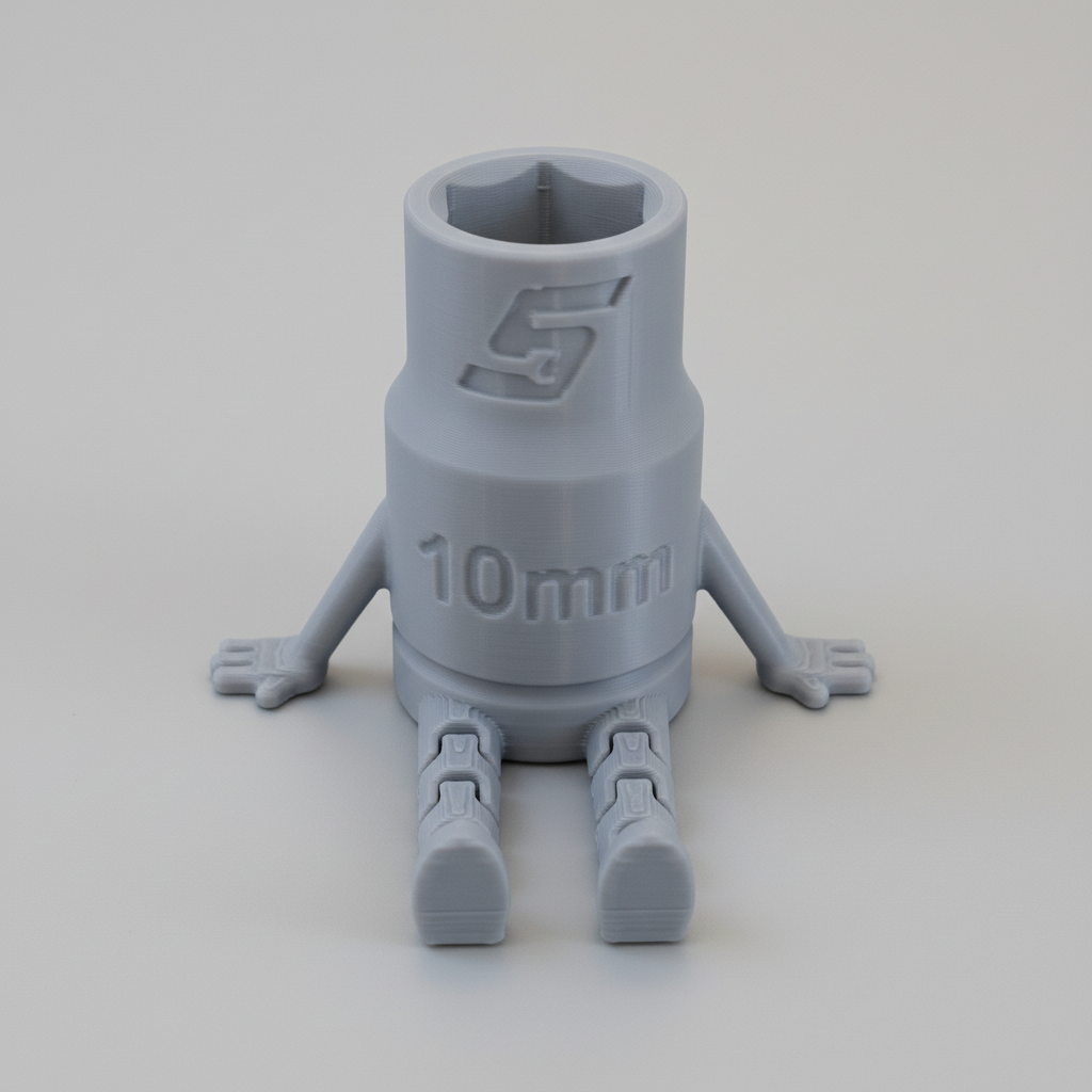 Gray socket with cartoonish legs and arms on a textured surface