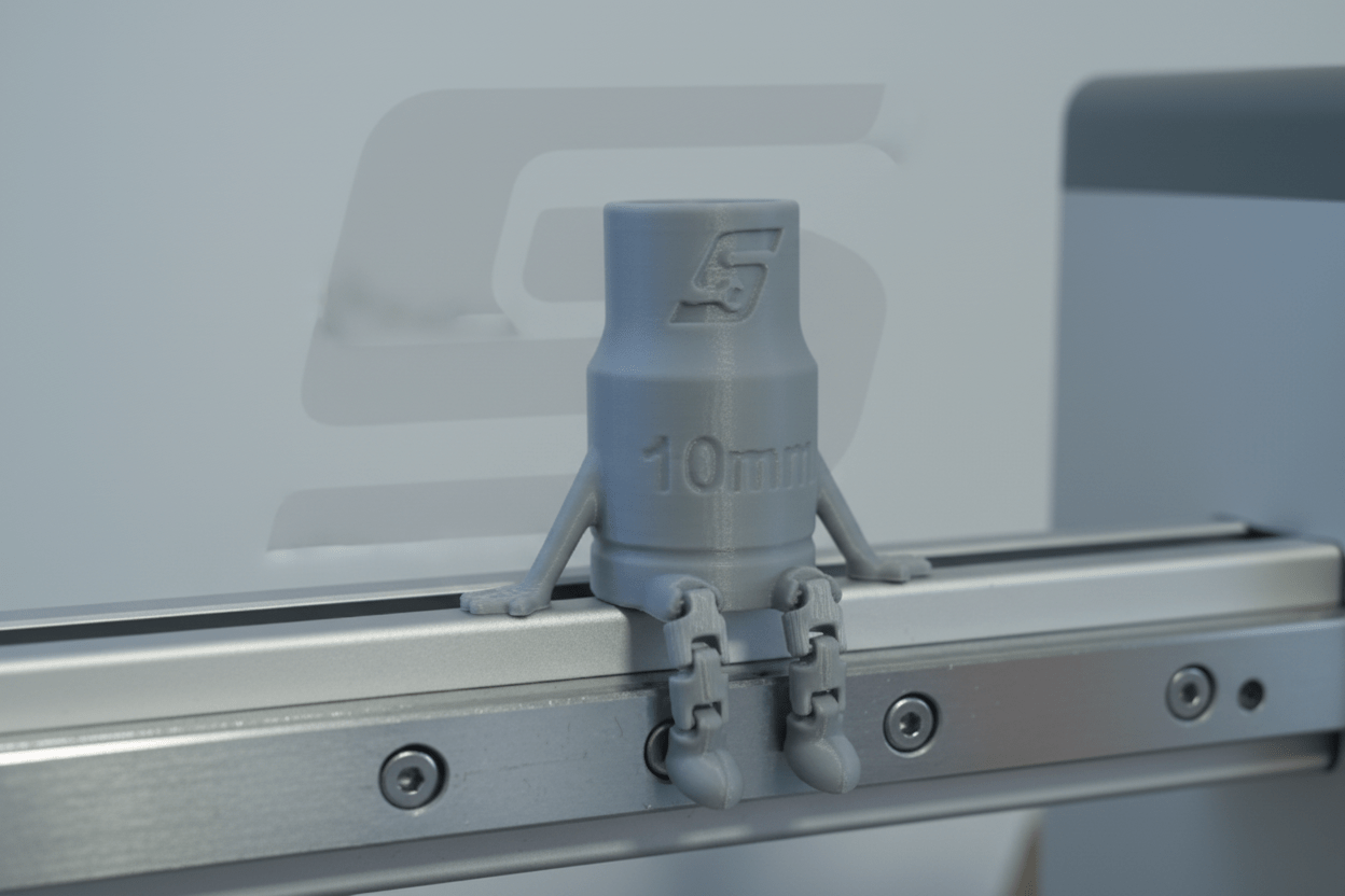 Close-up of a 10mm socket tool on a metal surface with a blurred background