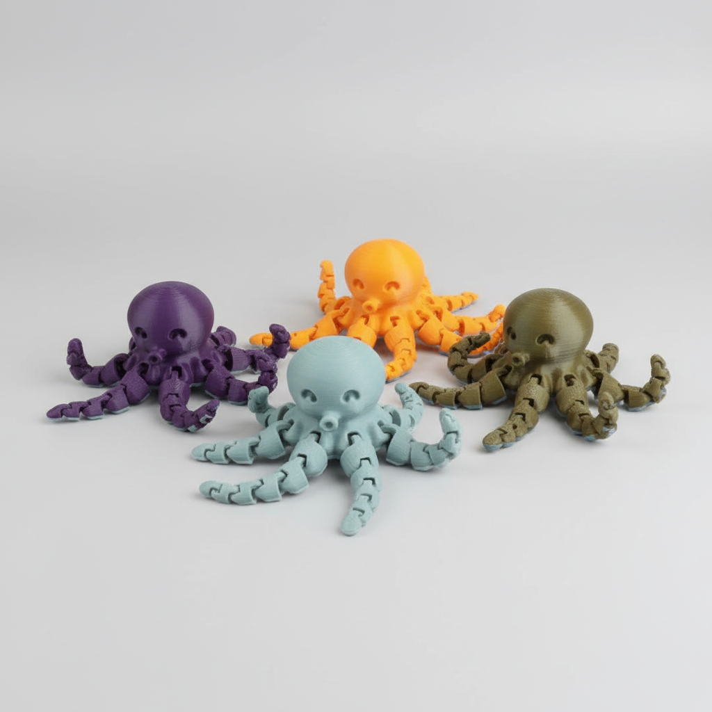Four 3D-printed octopus rings in different colors held on a hand.