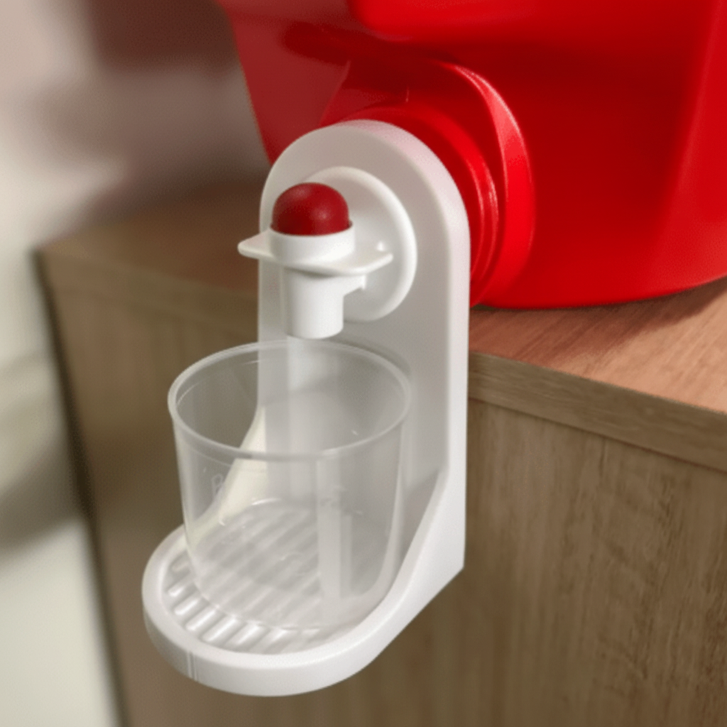 White pet water bottle holder with a red container on a wooden surface.