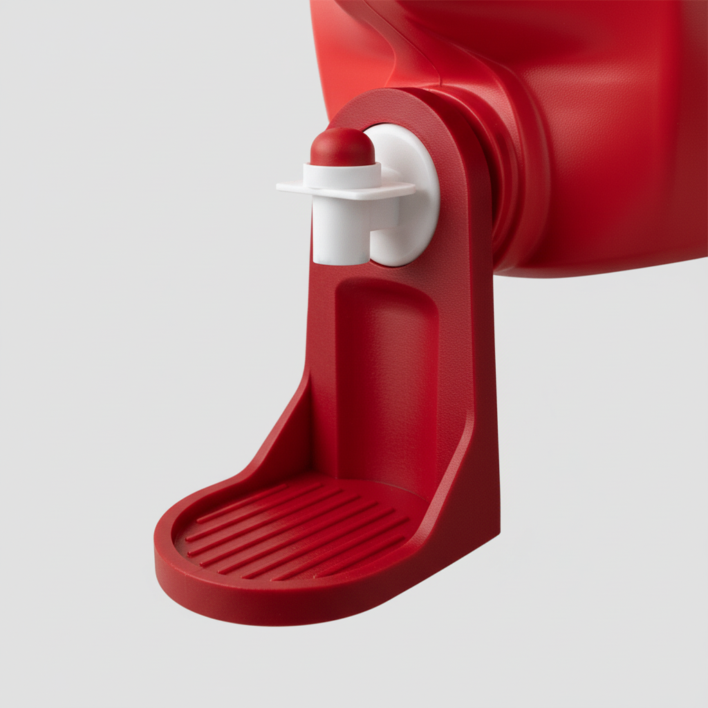 Red car cup holder with white base attached to a car's interior.
