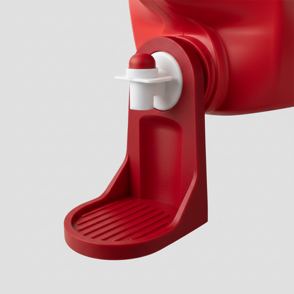Red car cup holder with white base attached to a car's interior.