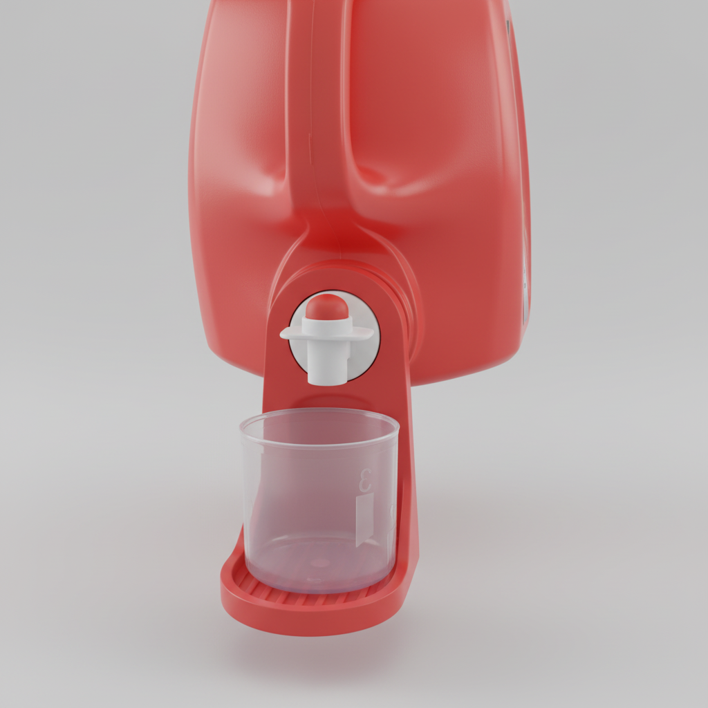 Red container with a clear measuring cup attached to a machine on a yellow background