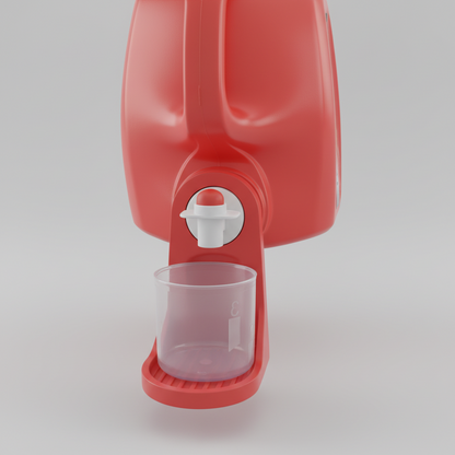 Red container with a clear measuring cup attached to a machine on a yellow background