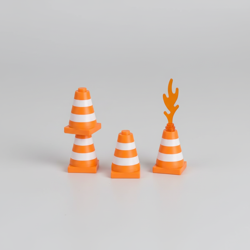 Toy traffic cones on a gray baseplate with a red toy vehicle in the background.