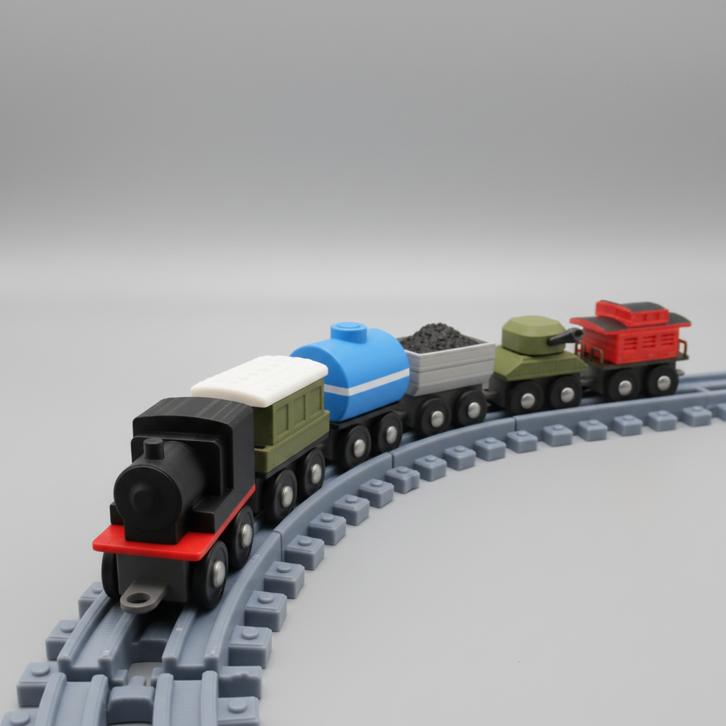 Toy train set with 'Whatcha Printing' text overlay on a textured background