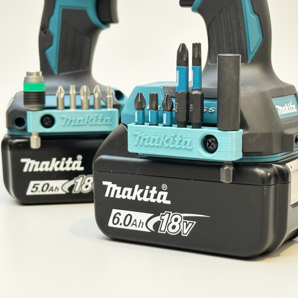 Makita drill bit set with batteries on a white background
