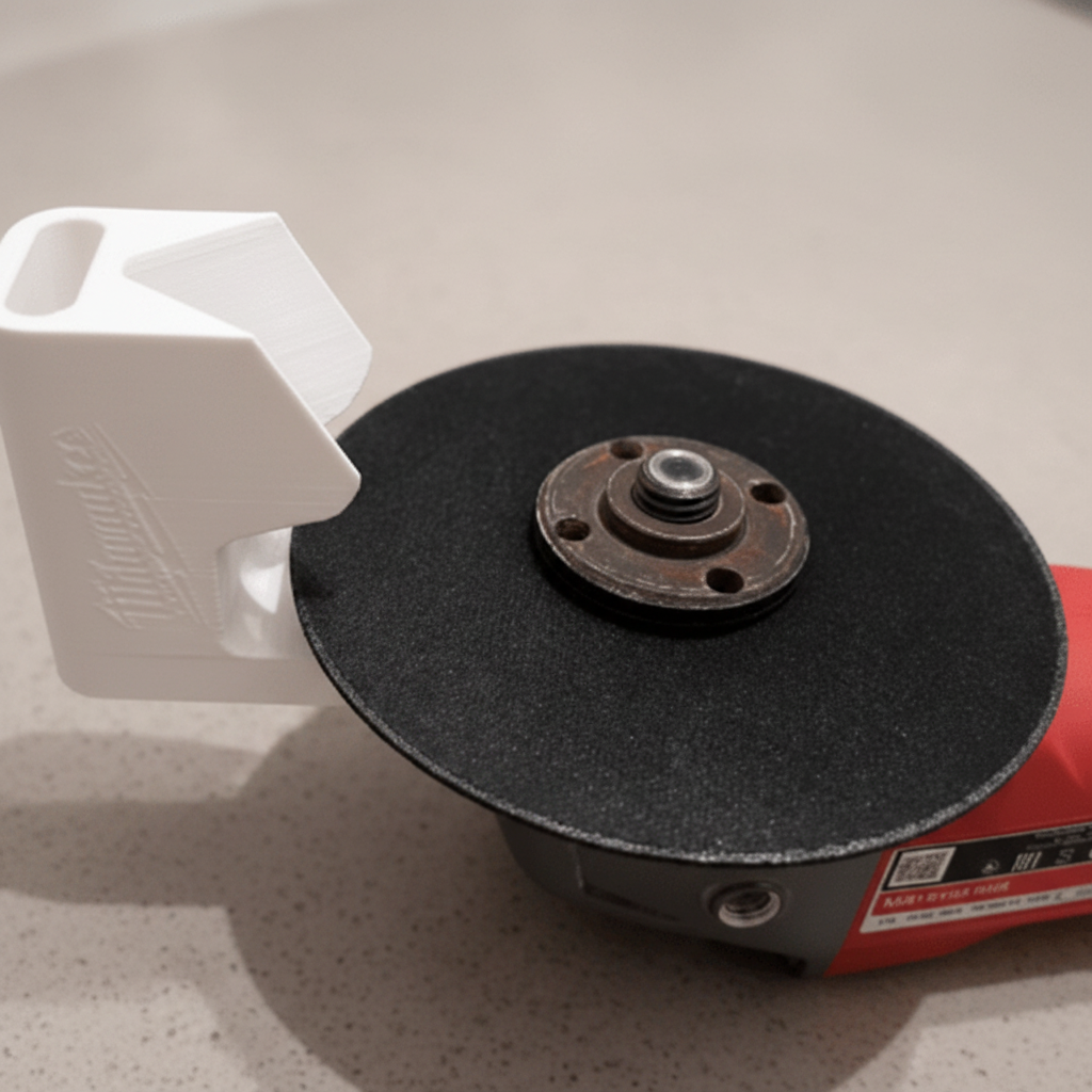 Person holding a white tool attachment near a black grinding wheel on a carpeted floor.