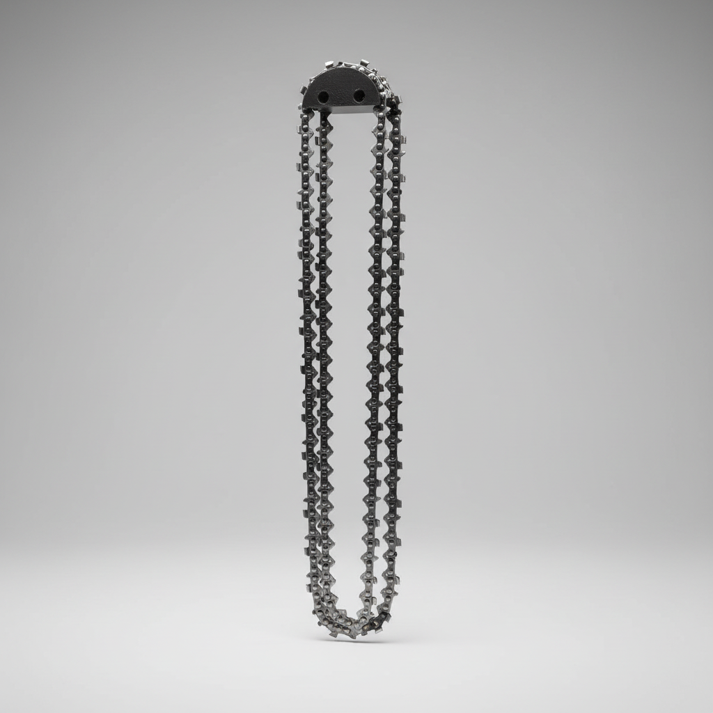 Saw chain on a wooden surface