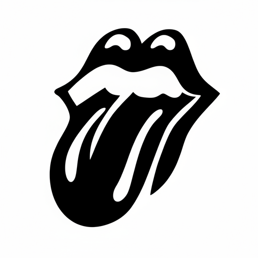Black and white logo of a tongue with lips on a white background