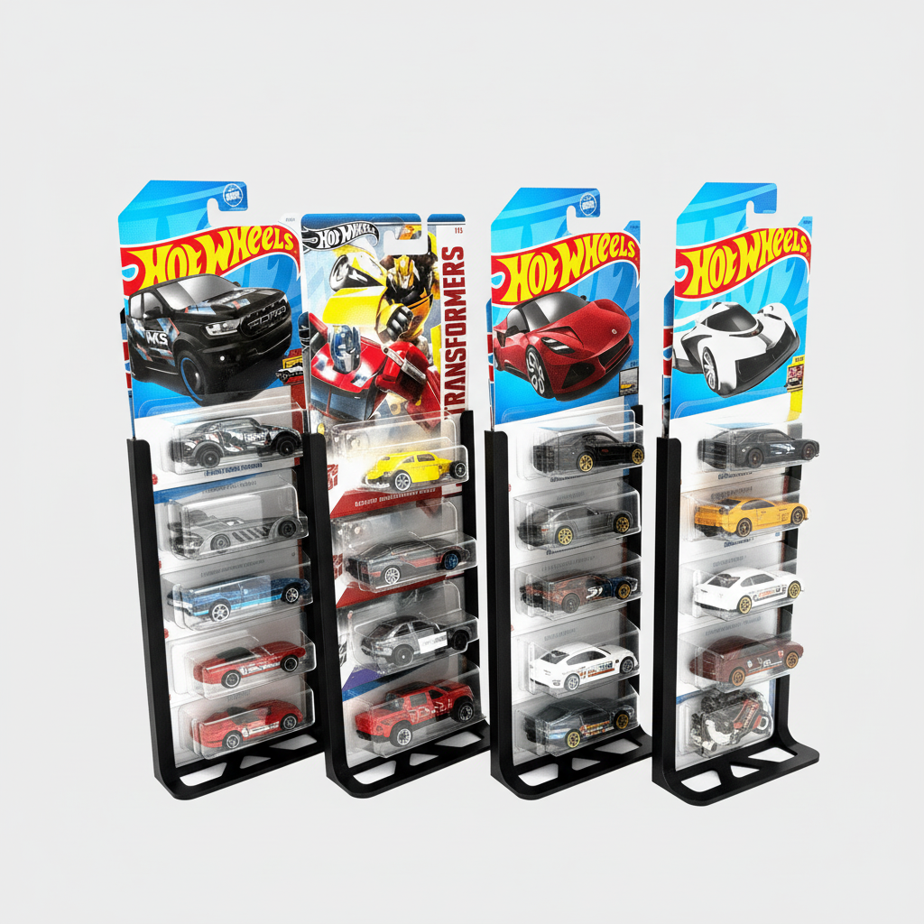 Hot Wheels display cases with various toy cars on a white background