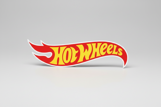 Colorful Hot Wheels toy cars arranged around the logo on a brick background
