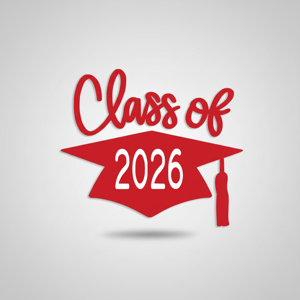 Red graduation cap with 'Class of 2026' text on a white background