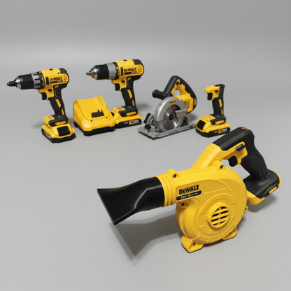 Set of Dewalt power tools including drills and a blower on a green background
