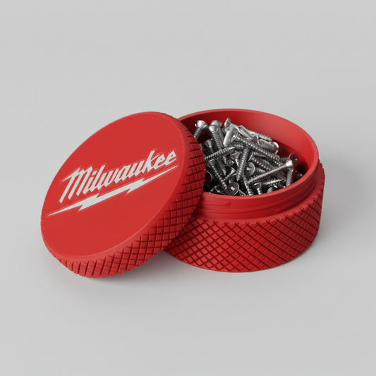 Red container with screws and Milwaukee logo on a white background