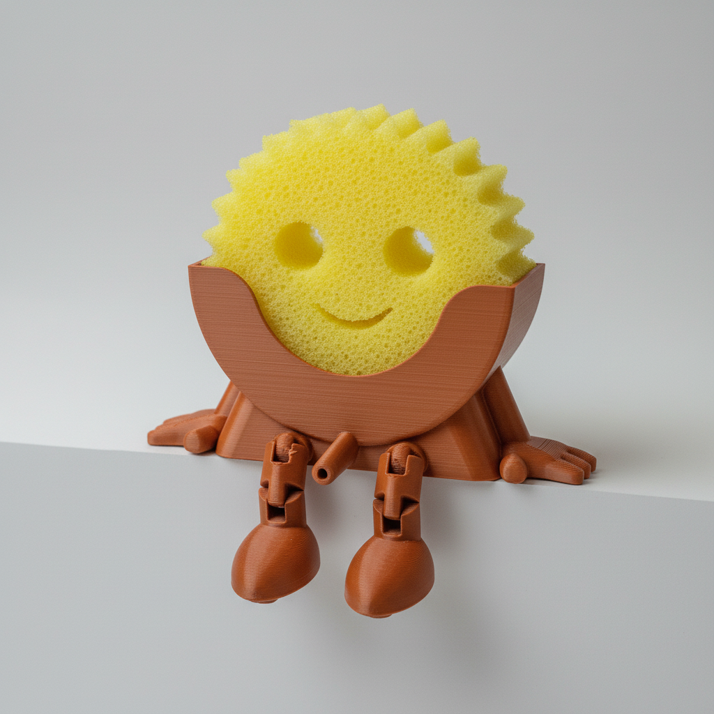 Yellow sponge with brown holder on a kitchen sink