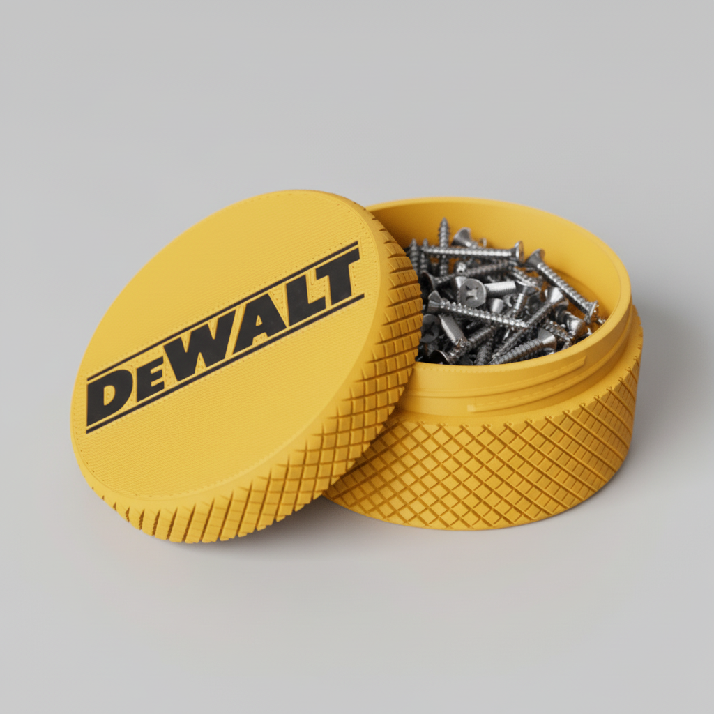 DeWalt tool box with screws on a workbench with tools in the background