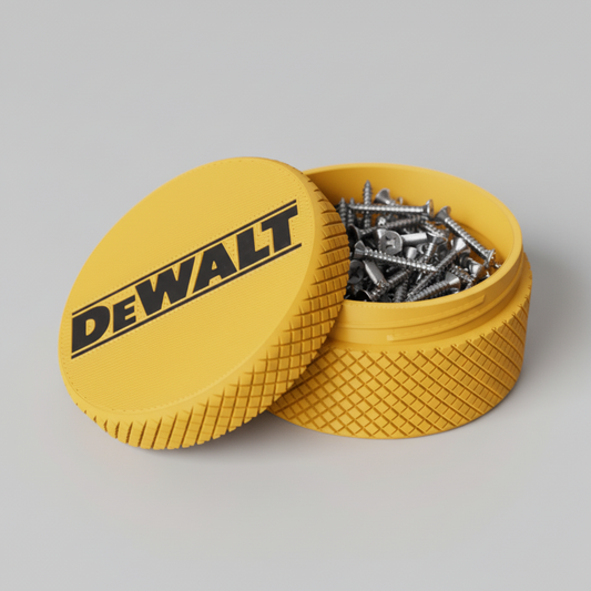 DeWalt tool box with screws on a workbench with tools in the background