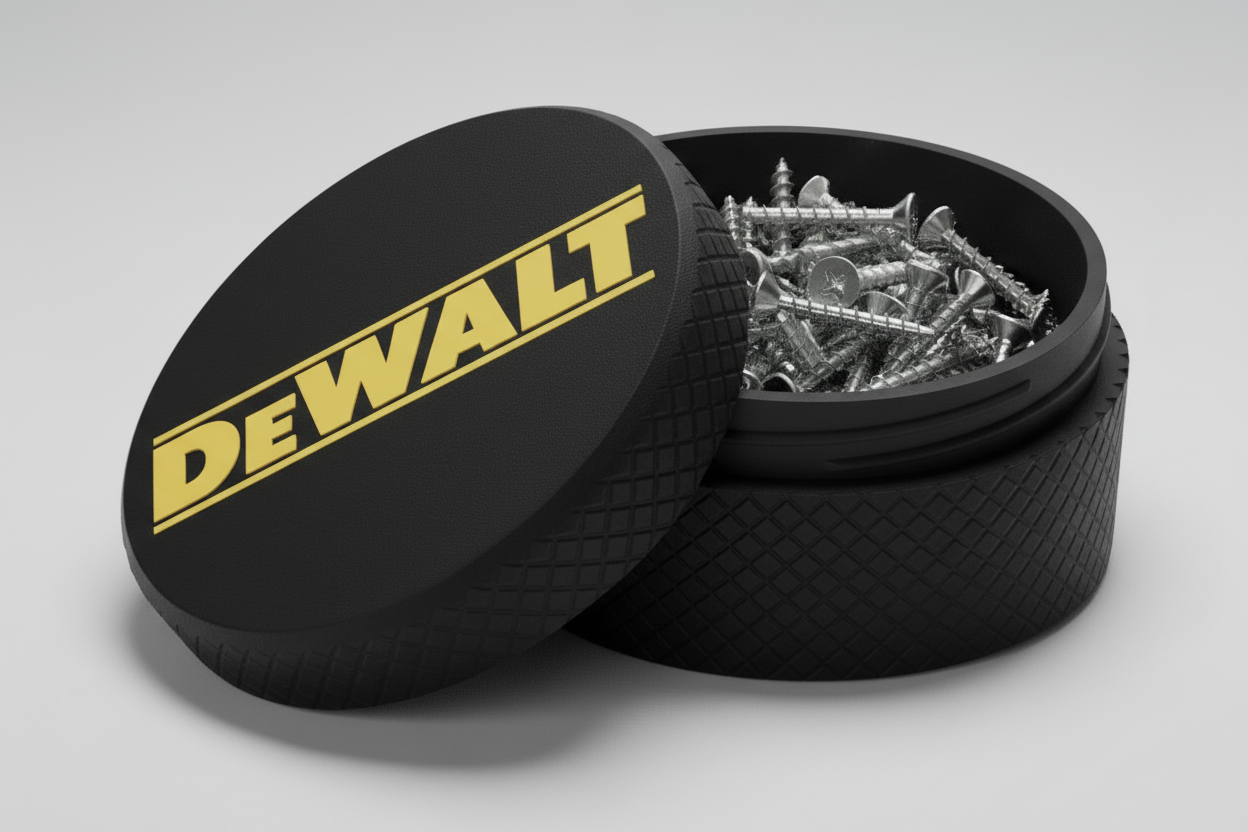 DEWALT container with screws on a dark background with power tools.