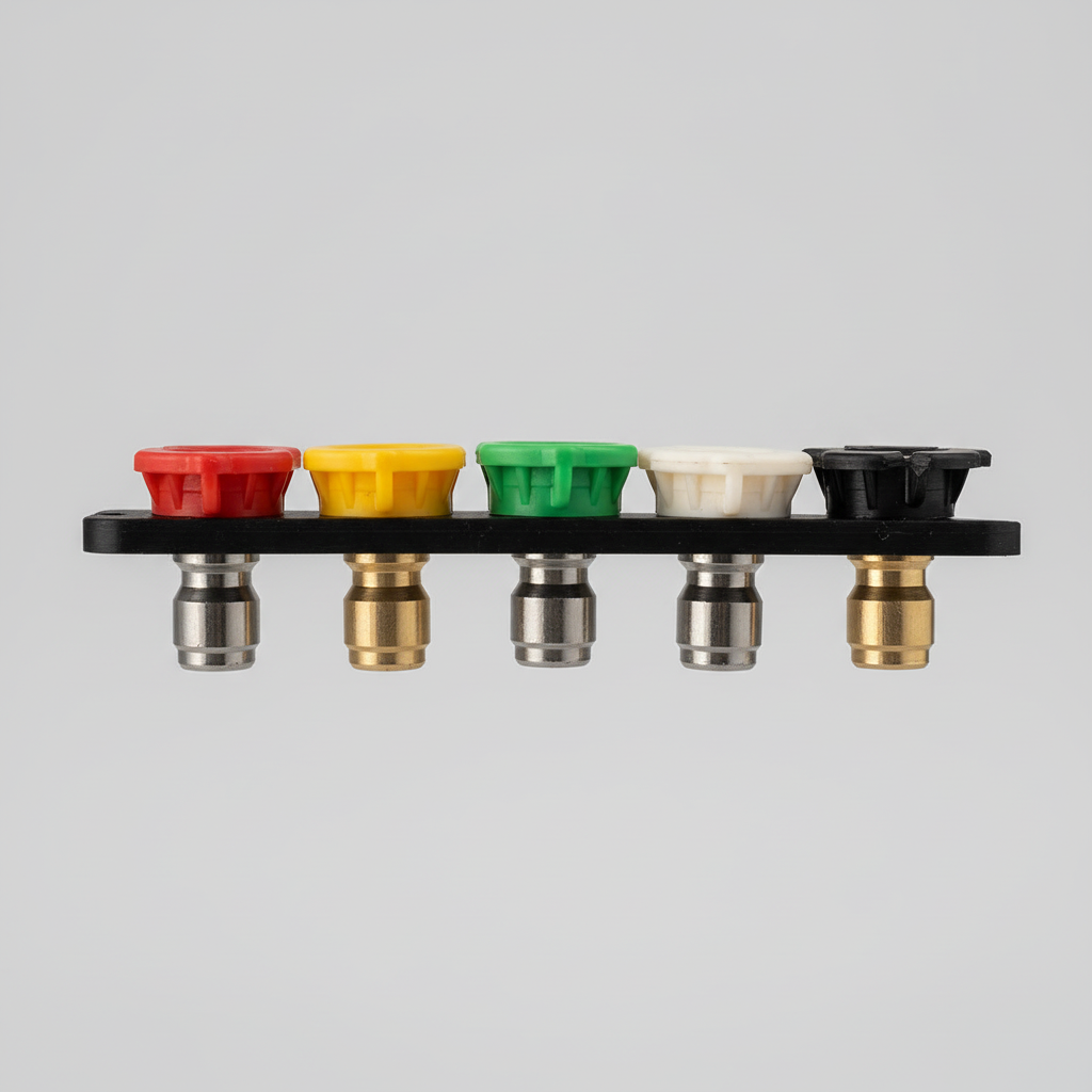 Set of colorful nozzles held by a hand against a neutral background