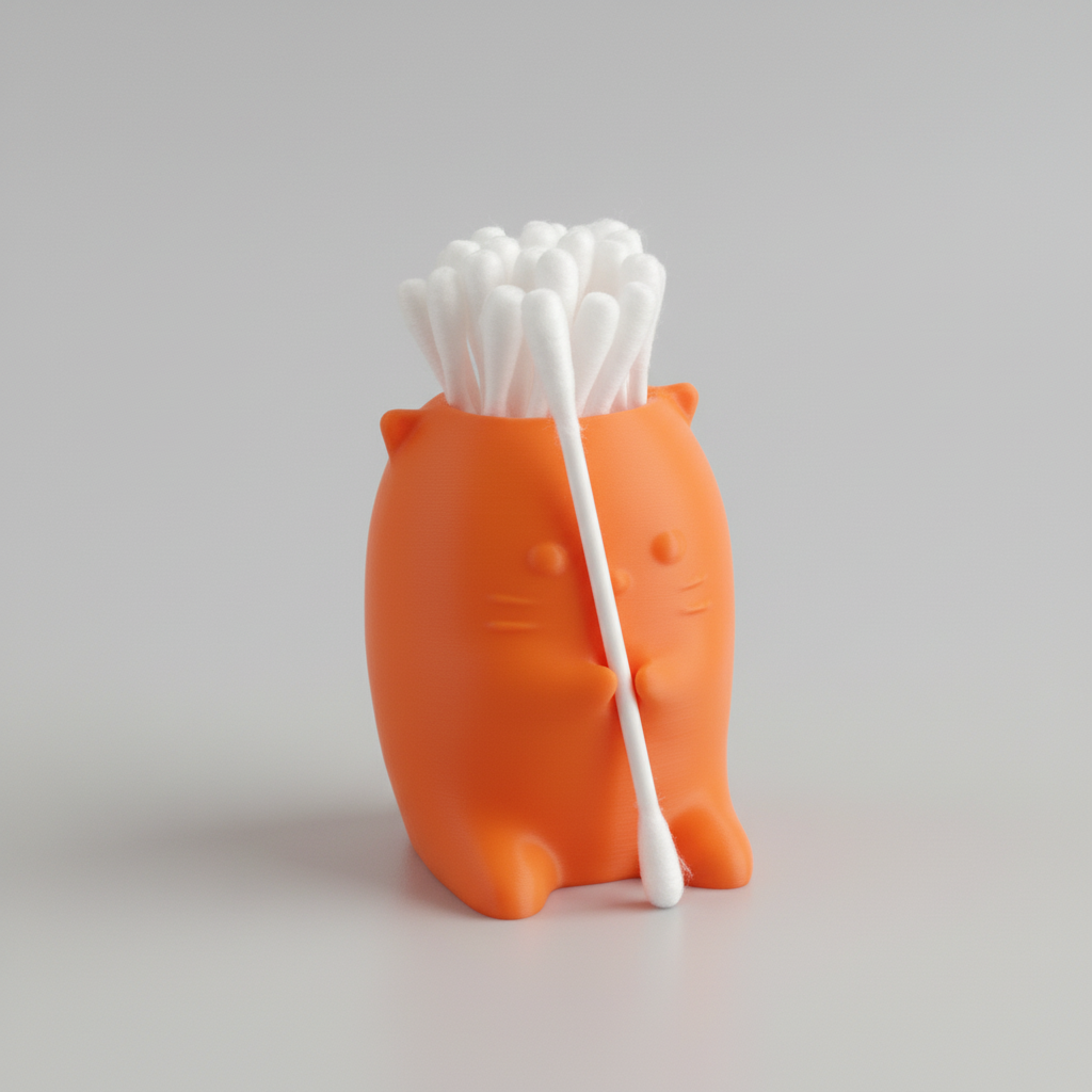 Orange cat-shaped holder with cotton swabs on a dark surface