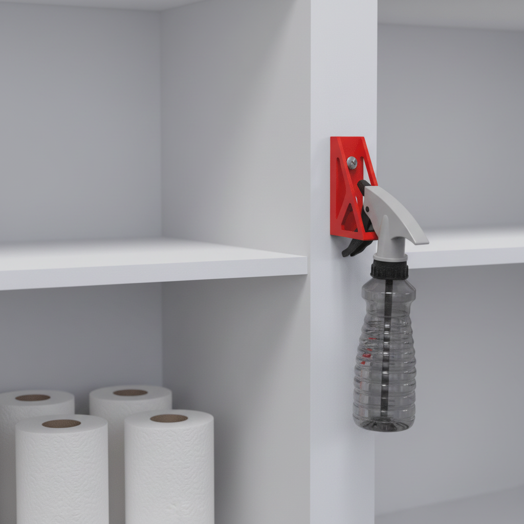 Shelving unit with cleaning supplies including bottles, sponges, and scrub brushes.