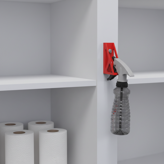 Shelving unit with cleaning supplies including bottles, sponges, and scrub brushes.