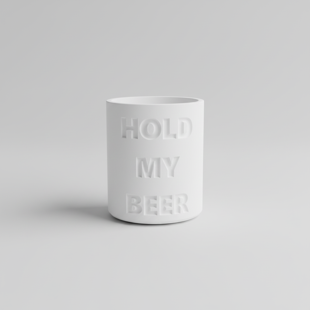 Person holding a can with 'Hold My Beer' text, wearing jeans and a dark shirt.