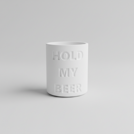 Person holding a can with 'Hold My Beer' text, wearing jeans and a dark shirt.