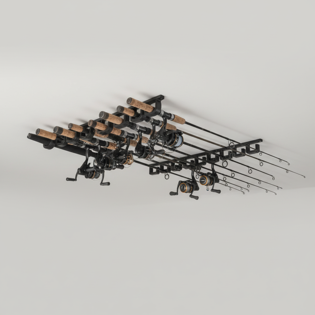 Fishing rods on a stand with a neutral background