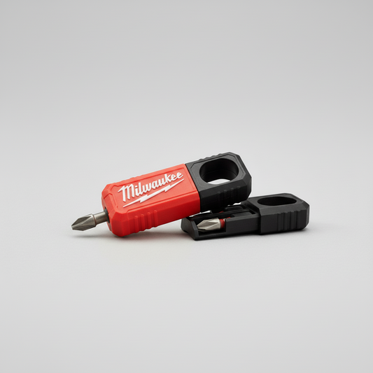 Milwaukee tool bit holder with two bits on a light gray background