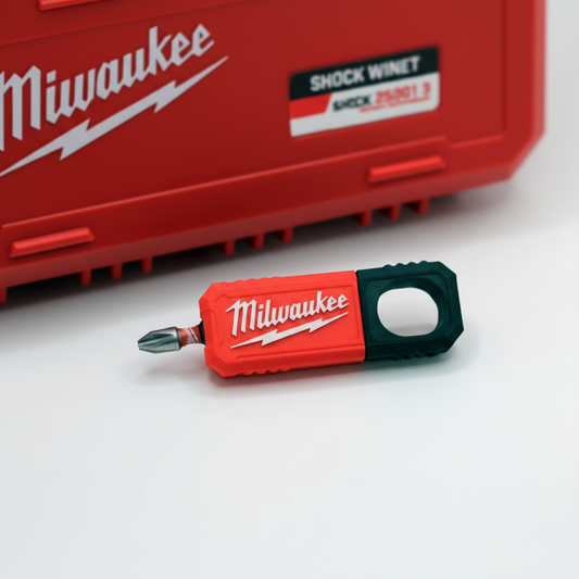 Milwaukee tool bit holder with a red case on a white background
