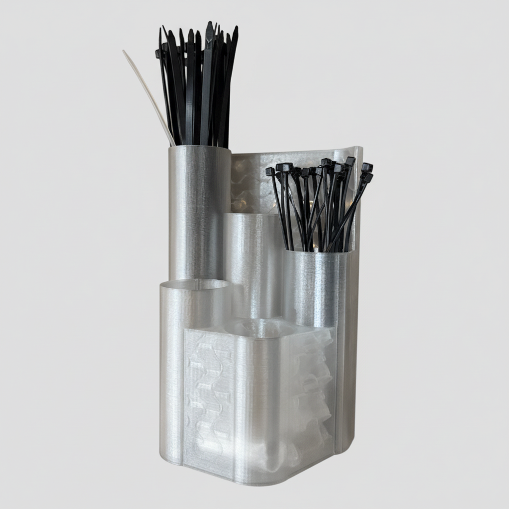 Clear plastic container with black straws on a pegboard wall
