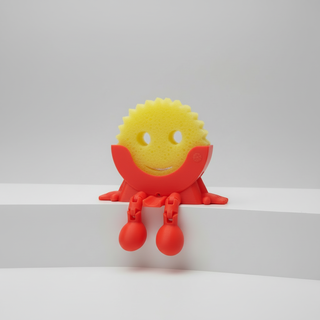 Red and yellow kitchen sponge holder on a kitchen counter