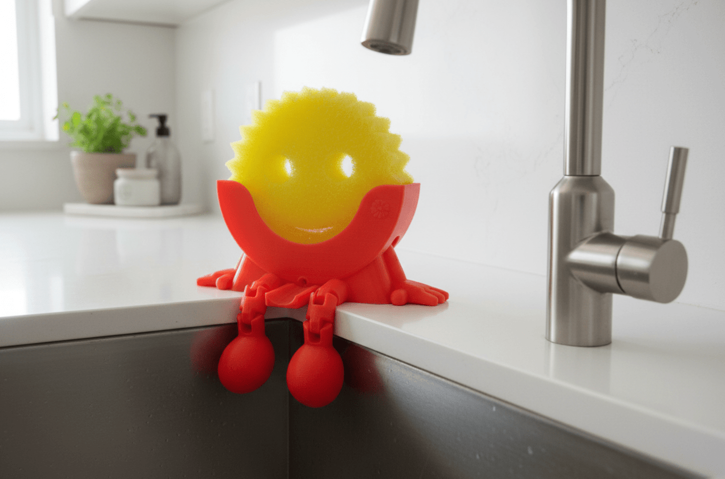Red and yellow kitchen sponge holder on a kitchen counter with a sink in the background.