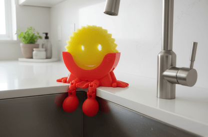Red and yellow kitchen sponge holder on a kitchen counter with a sink in the background.