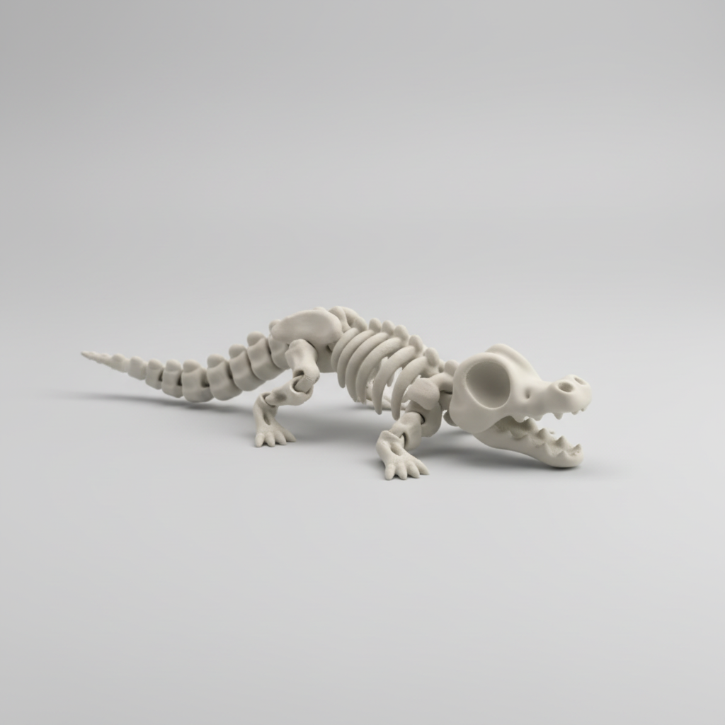 Hand holding a small dinosaur skeleton model against a blurred indoor background