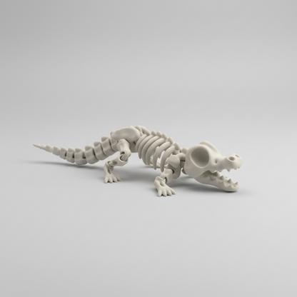 Hand holding a small dinosaur skeleton model against a blurred indoor background
