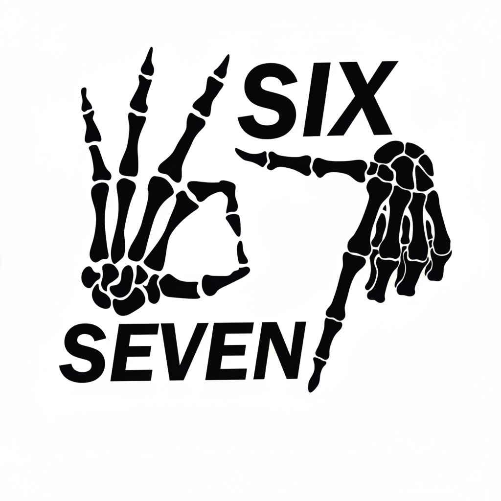 Black skeleton hand and foot design with 'SIX SEVEN' text on a white background