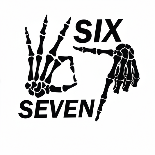 Black skeleton hand and foot design with 'SIX SEVEN' text on a white background