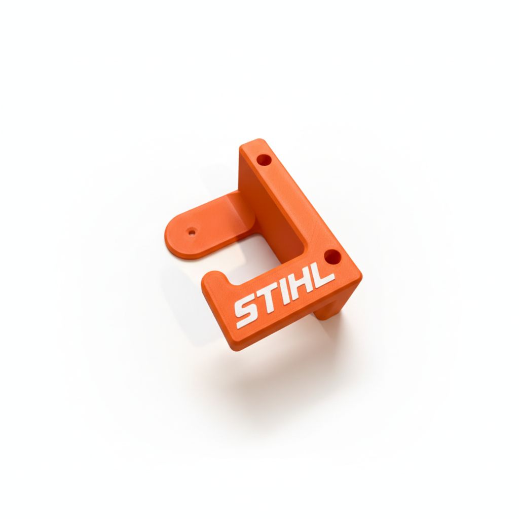 Orange metal bracket with 'STIHL' branding on a white background