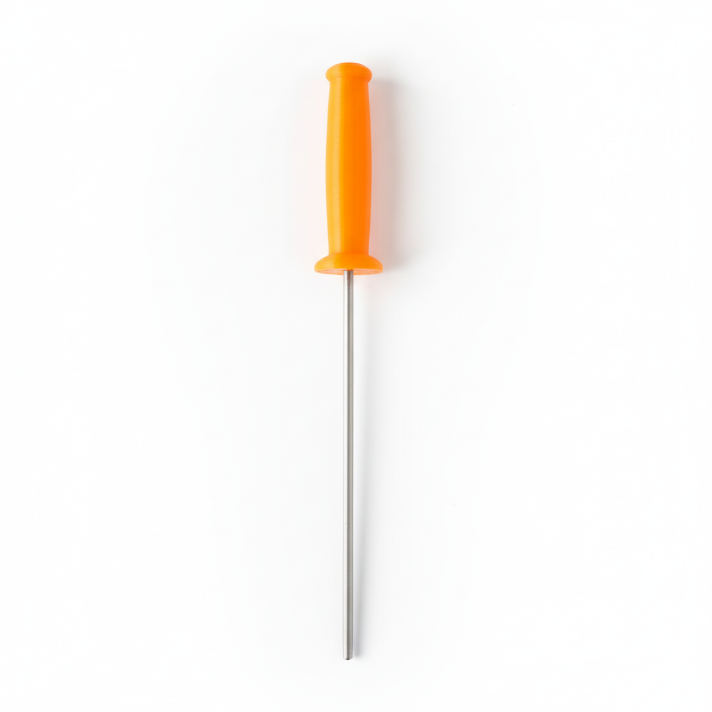 Metal rod with orange handle on a wooden surface